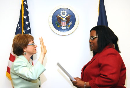 Chai Feldman being sworn in as Commissioner by Chair Jacqueline Berrien