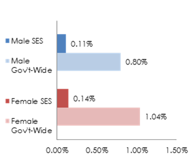 Bar graph showing government wide workforce participation in senior positions rate in Fiscal Year 2018 compared to the civilian labor force in 2010 for males and females of two or more races. Data table immediately below graph.