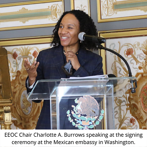 EEOC Chair Charlotte A. Burrows speaking at the signing ceremony at the Mexican embassy in Washington