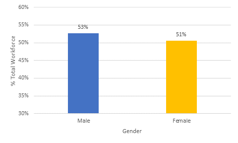 Bar chart comparing federal sector bachelor's degree holders by gender. Men BA holders = 53% and women BA holders = 51%.