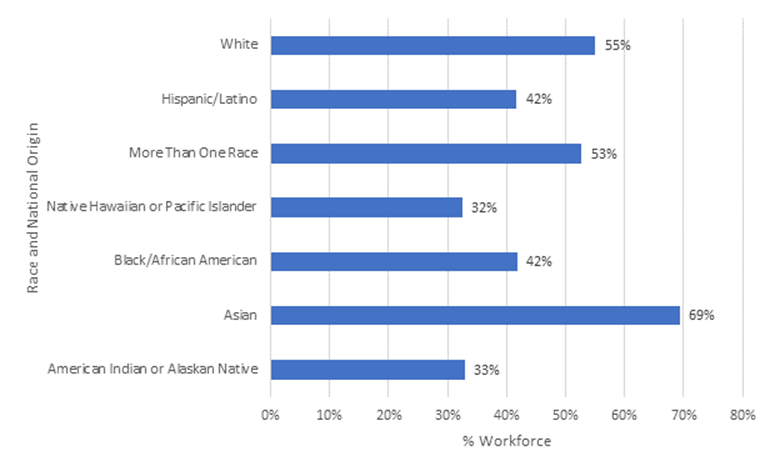 Bar chart comparing federal sector BA holders by race/ethnicity. White = 55%; Hispanic = 42%; More than one race = 53%; Native Hawaiian or Pacific Islander = 32%; Black = 42%; Asian = 69%; American Indian or Alaskan Native = 33%. Detailed table follows immediately.