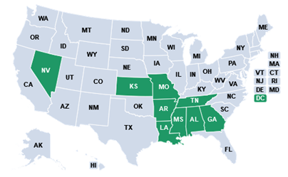 Figure 7. Top 10 States with the Most Sexual Harassment Charges per 10,000 Population Ages 16 Years and Older, FY 2018 – FY 2021. Alabama, Arkansas, Georgia, Kansas, Louisiana, Mississippi, Missouri, Nevada, Tennessee, Washington D.C.