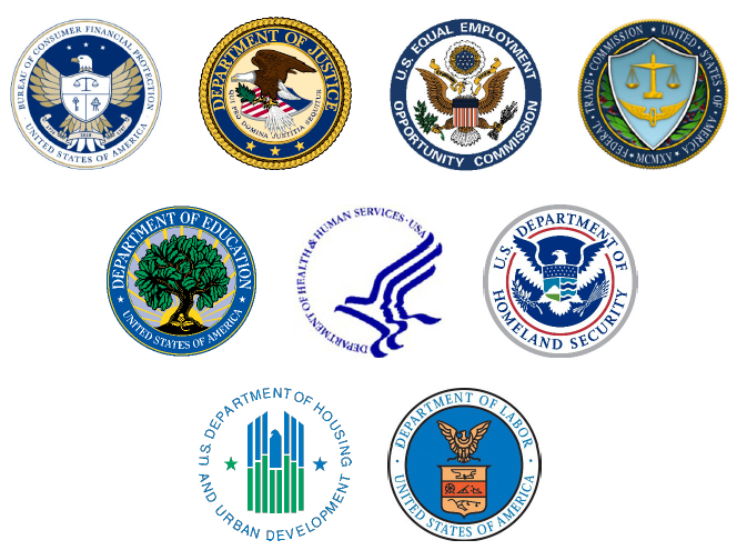 Seals of the bureau of consumer financial protection, department of justice, equal employment opportunity commission, trade commission, department of education, health and human services, homeland security, housing and urban development, department of laborlabor