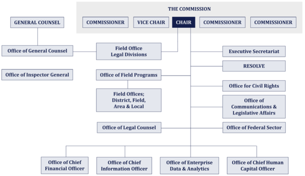 The EEOC leadership consists of the Chair, Vice Chair, three Commissioners, and the General Counsel who each have independent authority and do not report to anyone else at the EEOC. The EEOC accomplishes its mission through component offices with varied reporting structures. Most of the Offices report to the Chair, specifically the Executive Secretariat; RESOLVE; the Office for Civil Rights; the Office of Communications and Legislative Affairs; the Office of the Chief Financial Officer; the Office of Information Technology; the Office of Enterprise Data and Analytics; the Office of the Chief Human Capital Officer; the Office of Legal Counsel; the Office of Federal Operations; and the Office of Field Programs. The EEOC’s 53 District, Field, Area, and Local Offices report to the Office of Field Programs. The Office of General Counsel reports to the General Counsel and the Field Office Legal Divisions report to the Office of General Counsel; however, the Chair retains operational authority over those offices. Lastly, the Office of Inspector General is independent and does not report to any other office.